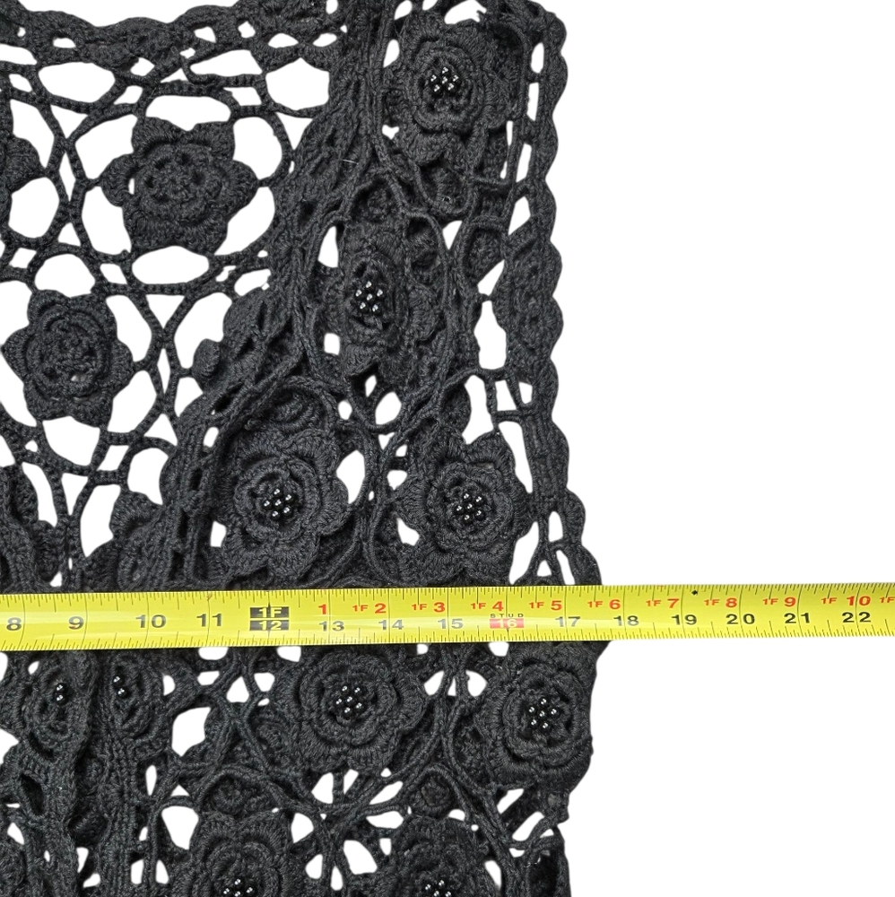 Vintage Crochet Beaded Black Vest Floral Handmade Cotton M L - Picture 7 of 7